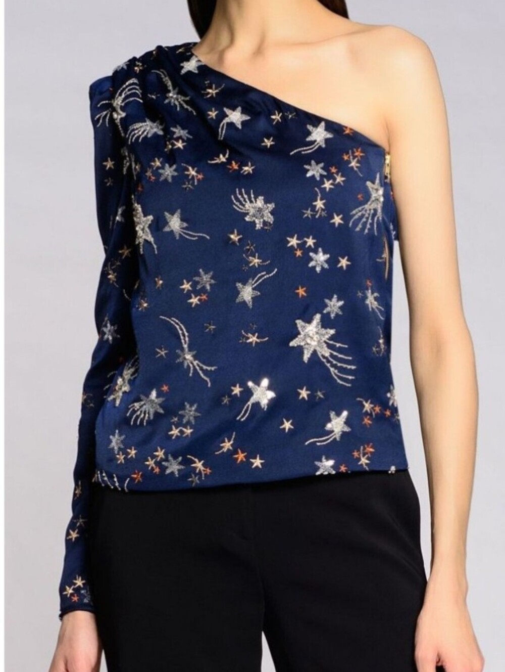Self-Portrait Satin One-Shoulder Navy Sequin Star Embellished Top Size 4